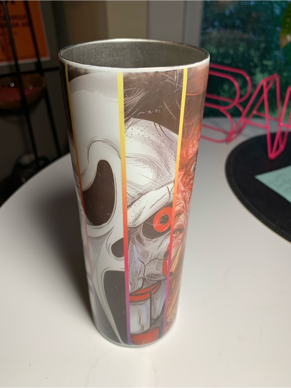 Horror Mask Cylindrical Home Art Print - White and Red